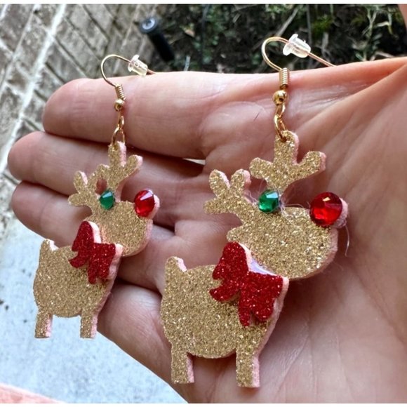 Rudolph Reindeer Earrings Handmade Christmas Whimsical Hooks Glitter Acc… - Picture 8 of 12